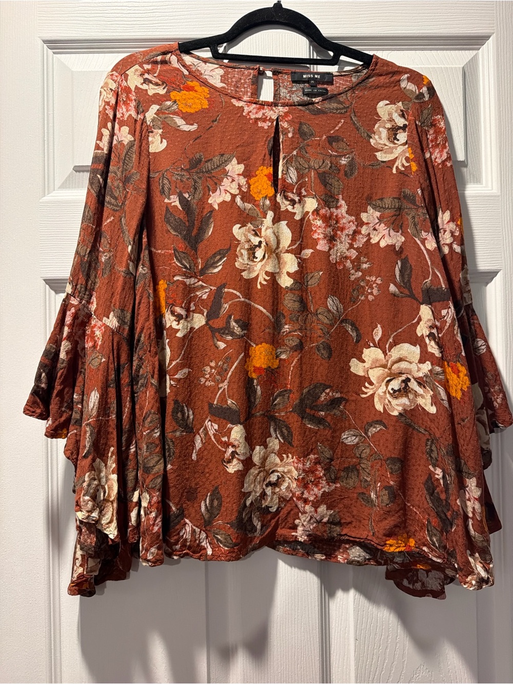 Miss Me Rust Floral Bell-Sleeve Blouse